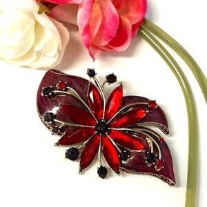Liz Claiborne Red Enamel Red Rhinestone Goldtone Poinsettia B…